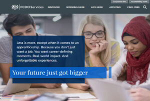 Screenshot of FCDO Services careers website showing a group of young people sat at a meeting table talking about a project