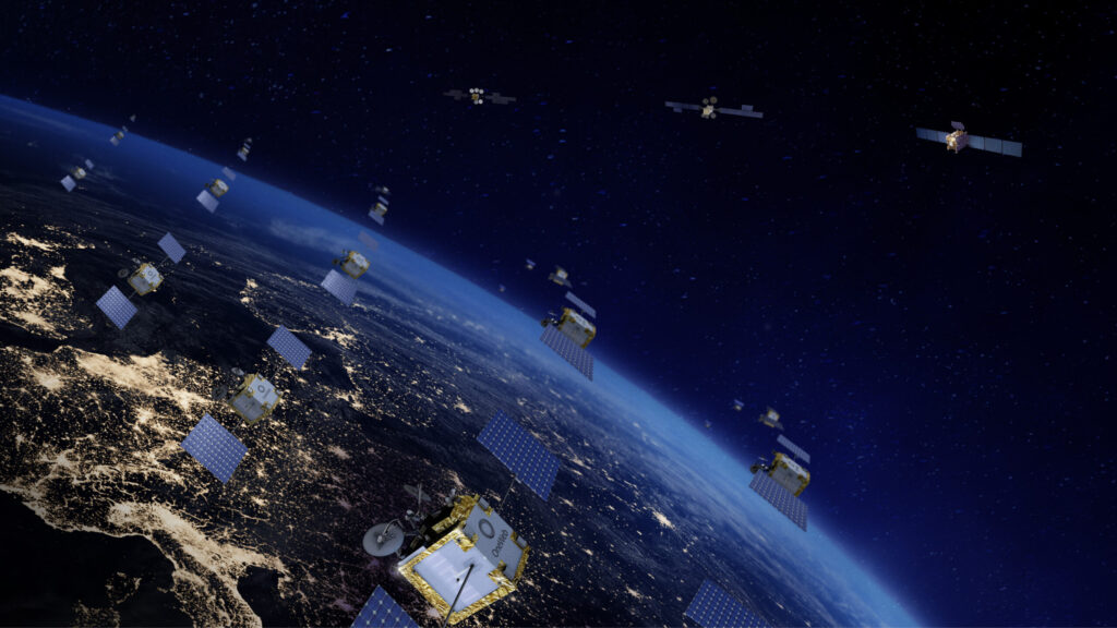 View of Earth from space with web of satellites in orbit.